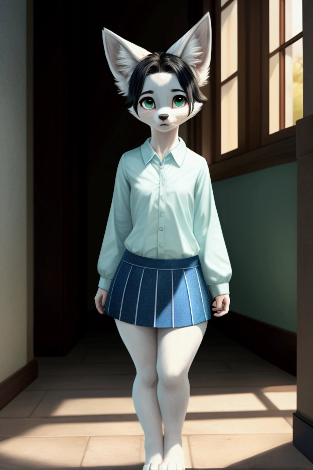 Little slim female hosky with nice big thighs and black and white fur and pretty eyes, one blue and one green, and she is wearing a long-sleeved shirt and a full-body mini skirt and she is 8 years old..