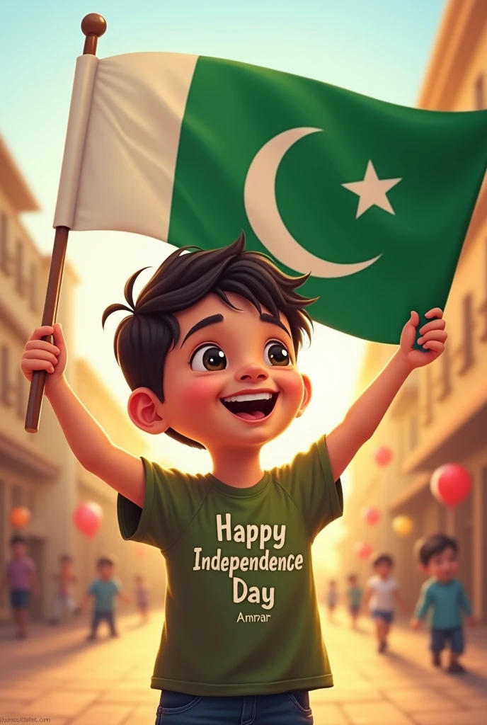 Create an image of small cute boy that pick Pakistani flag on flag write happy independence day and on his t-shirt write name Ammar