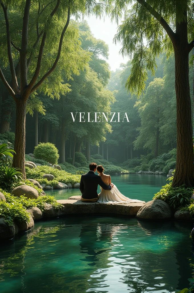 Make a image of greenary view with a couple seating on a pond side that looks luxurious and on the top it's written VELENZIA with white colour