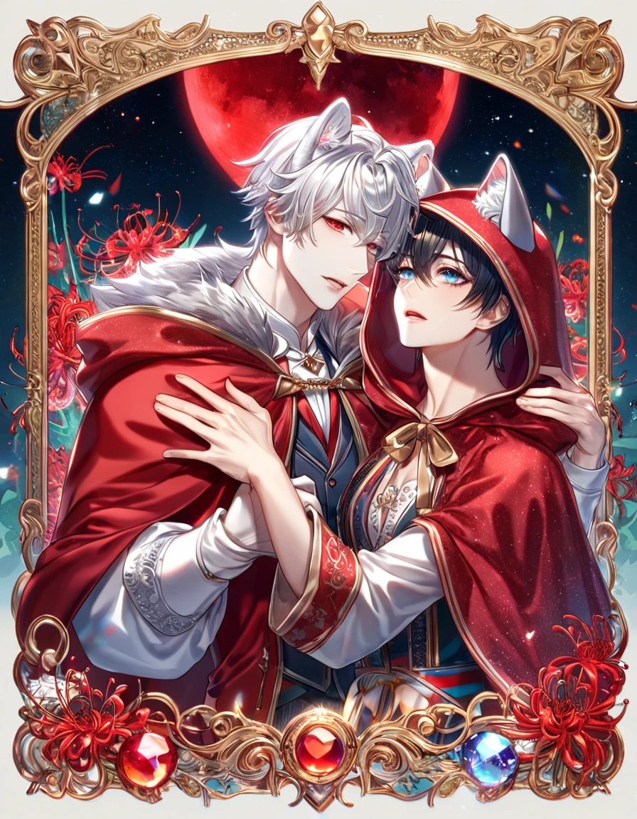 absurdres, highres, ultra detailed, HDR, master piece, best quality, extremely detailed face, delicated features, black hair, expressive red eyes, white hair, expressive blue eyes, white eyelashes, two sexy men together, yaoi, gay couple, handsome, The Red Riding Hood And The Wolf, red hooded cape, wolf ears, fantasy clothes, accessories, fantasy, magical, red moon, starry sky, red petals, red spider lilies, garden