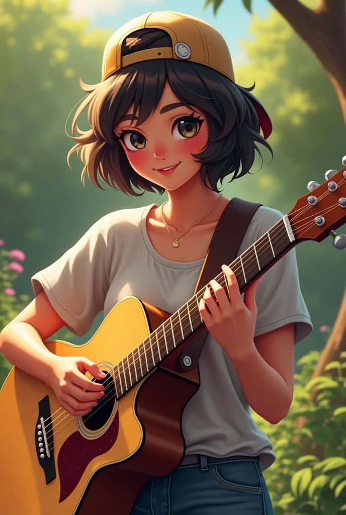 Curbie woman playing guitar, He has short wavy hair wearing a backwards cap 