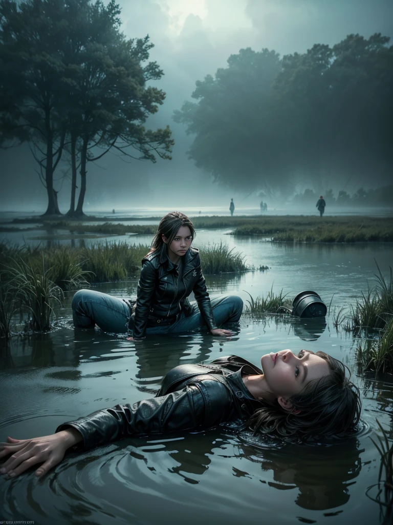 A woman in jeans and a leather jacket drowns in a swamp, Loss of Hope for Salvation,(Best Quality,4k,8K,hight resolution,Masterpiece:1.2),Ultra-detailed, (Realistic,Photorealistic,photo-realistic:1.37), Intrusive atmosphere, dark and gloomy, dramatic  lighting, cloudy water, shabby clothes, A desperate look on her face, struggling to stay afloat, marshland, Eerie silence, fog fog, saturated colors, cinematic style