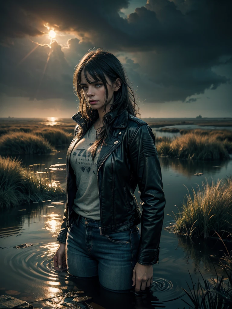 A woman in jeans and a leather jacket drowns in a swamp, Loss of Hope for Salvation,(Best Quality,4k,8K,hight resolution,Masterpiece:1.2),Ultra-detailed, (Realistic,Photorealistic,photo-realistic:1.37), Intrusive atmosphere, dark and gloomy, dramatic  lighting, cloudy water, shabby clothes, A desperate look on her face, struggling to stay afloat, marshland, Eerie silence, fog fog, saturated colors, cinematic style