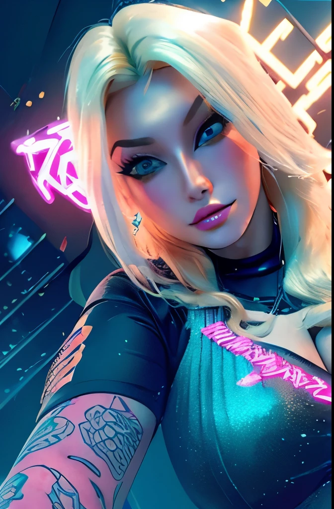 beautiful blonde woman from cyberpunk 2077, full body, Tattoo on chest, Cybernetic eye, hyperrealism, neon, pink and yellow smoke,