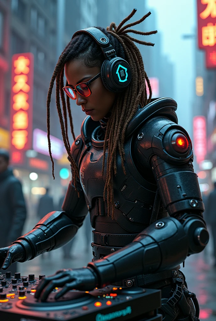 Half human half robot futuristic cyberpunk dj with dreadlocks and glasses power connectors 
