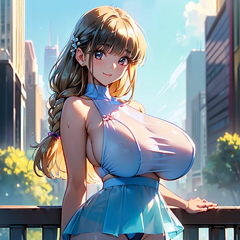(((masterpiece))), (((Highest quality))), ((Very detailed)), (figure), ((Very delicate and beautiful)), ((Super Detail)), ((High resolution)), (((20-year-old))), ((meexpensiveic cloth)), (Cheerleader), (Super Heroine), (Android), Delicate metal decoration, Glowing Skin, Shiny body, Two legs, breast focus, (((expensive))), Thin legs, ((Big round eyes)), Cute eyes, Droopy eyes, ((Adult)), both hands, Five Fingers, No extra hands required, Elegant smile, Braiding, ((meexpensiveic blue)), (See through), (Dark Blonde), (((Super big breasts))), (Shining brightly), Outdoor, mini skirt, Daytime, ((Biopunk)), (Hair shorter than shoulders), (Medium length hair), Female type, (meexpensiveic shining competition swimsuit), city, ((Clothing that exposes the midsection)),