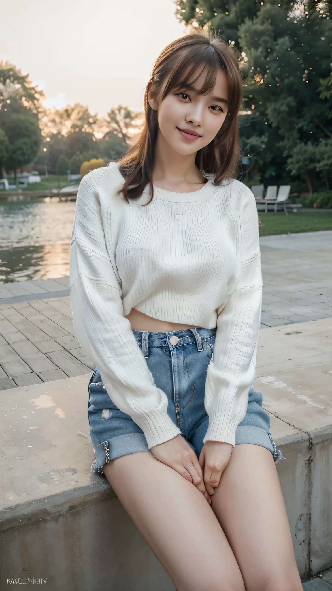 Masterpiece, fine art photography, full body shot, wide angle shot, high quality image, 1 beautiful kpop idol aged 24 years old, mischievous laugh, winking her eye, blushing, soft delicate girl, thin waist, small face, wearing navy oversized cozy sweater, ripped jeans shorts, sneakers, sitting on white lakeside view chairs, lakeside house, GUCCI sunglasses, in a quiet french neighborhood, beautiful clear weather, happy face, tilted head, candid expressions, bangs with pony, lights falling on her hairs, full body, delicate features, pale slender beauty, beautiful detailed eyes, hazel color eyes, modern woman , blur background, cinematic lighting, HQ, 8k high contrast, beautiful lips, chaos 30