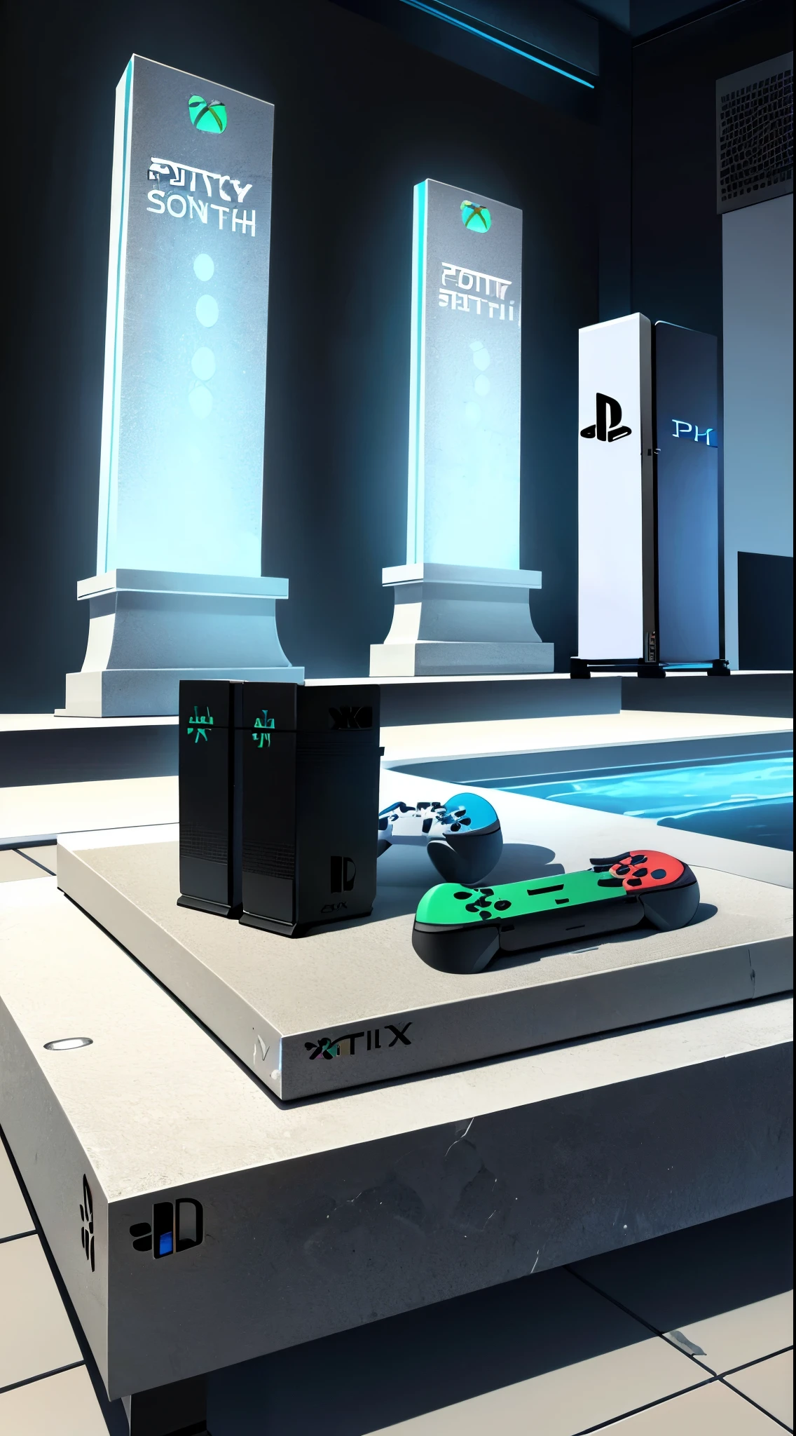 Game console, (NintendoSwitch combined with PlayStation and Xbox360), futuristic design, simple background, advertising game console, made of stone, ((stone monument design))