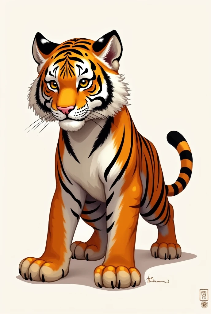 Young tiger, Imponent tiger, smalls eyes, Tiger Draw, Excited position, mouth closed, Serious Tiger, Drawing image, Beautiful tiger
