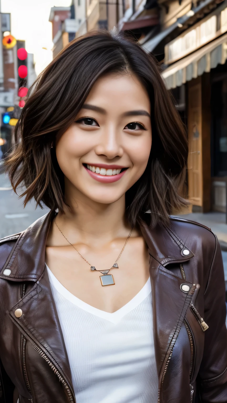 Super Resolution、Beautiful Japanese Women、Light brown hair、Short Haircut、Wavy Hair、ear piercing、necklace、leather jacket、shirt、smile、Beautiful teeth alignment、The background is a town street