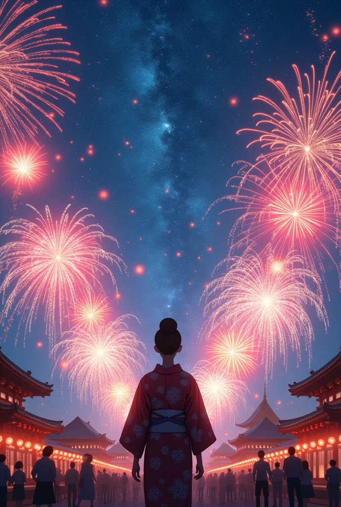 firework、たくさんのfirework、Back view of a person in a yukata、Summer festival、First Person View、画面いっぱいのfirework、Night Scenery、(The vast starry sky:1.4)、Shining Star、Milky Way in 7 colors、Beautiful skyline、shrine、Summer festival、Very tense and dramatic footage、Moving visual effects、Colorful night with natural light、Ghibli style