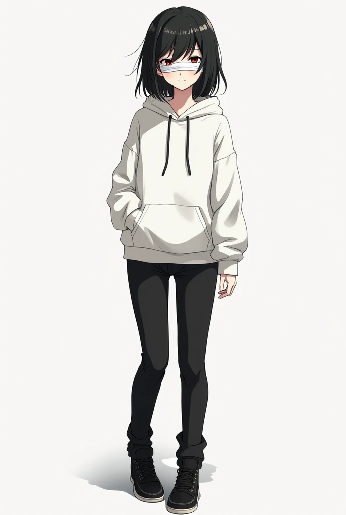 Female, Anime, Teen, Medium black-haired, Faired skin, Bandages around the eyes, White hoodie, Black trousers, Black shoes