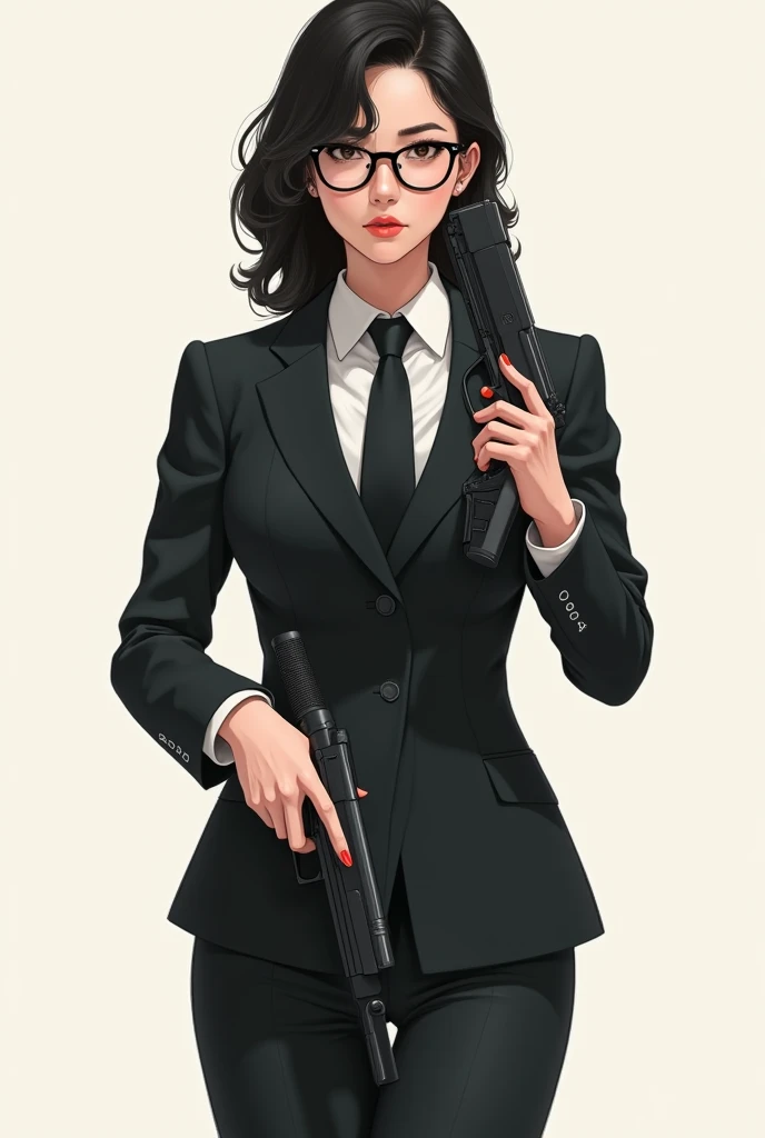 there is a woman in a suit and glasses posing with a gun, a portrait by Jason Chan, trending on Artstation, shin hanga, wearing a strict business suit, in strict suit, elegant posed, in a business suit, wearing tight suit, in a strict suit, lawyer suit, in suit with black glasses, wearing business suit, with glasses
