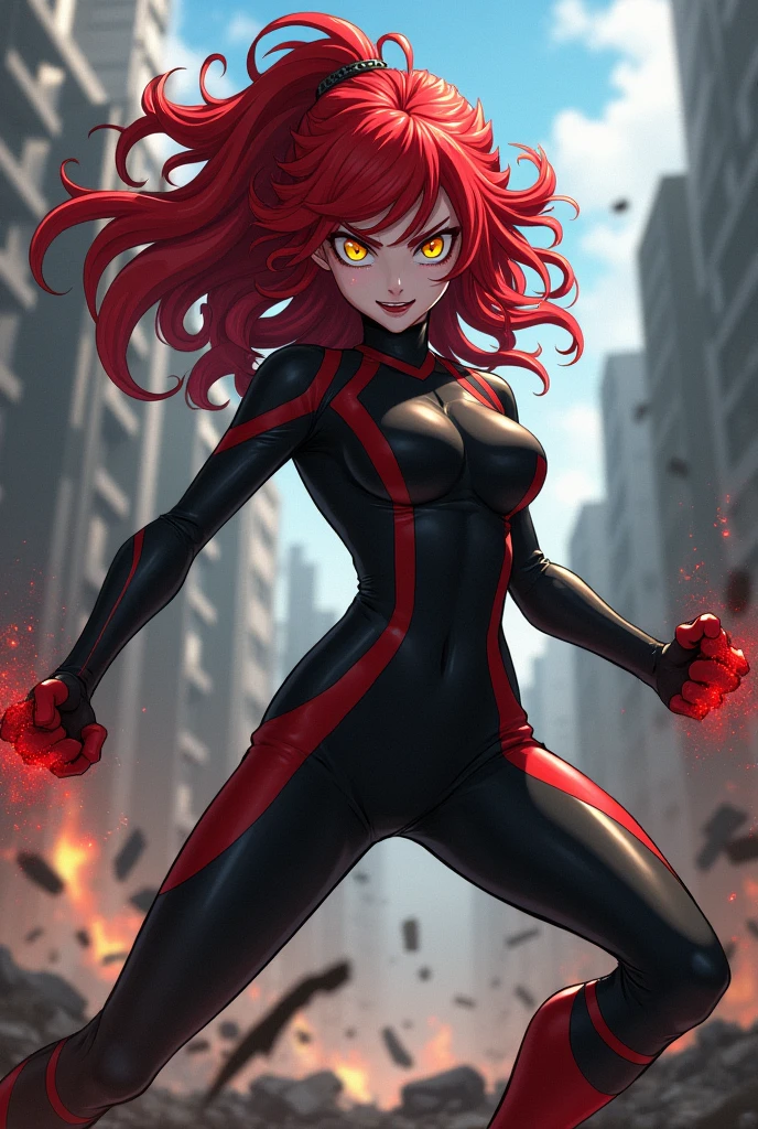Capture a girl, Red hair, yellow eyes, White skin, My Hero Academia, villain, fighting, tight suit