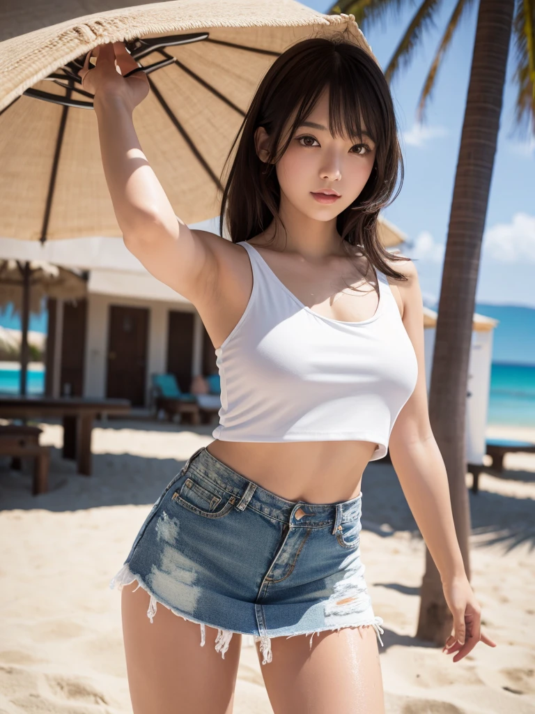 masterpiece,Highest quality,1 girl,Cowboy Shot,Front view,Young and cute Japanese,A small smile,((Stylish beach shade:1.5)),((Stylish and white tank top:1.5)),wear,((Ultra short micro denim mini skirt:1.5)),wear,No underwear,Very cute face,Glossy Lips,Double eyelids on both eyes,(Natural Makeup),Shiny, smooth, long light brown hair,Asymmetrical bangs,Center image,8k resolution,Attention to detail,Detailed hairstyle,Detailed face,Cinema Lighting,Octane Rendering,Ultra-realistic,Perfect limbs,Beautiful legs,Voluptuous thighs,Huge breaowing Skin,Sweaty:1.3)Perfect Anatomy,Spread your legs,((Provocative dynamic pose:1.5)),Skirt flip