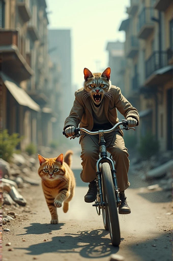 A brown tabby cat chasing a zombie on a bicycle From a horizontal angle