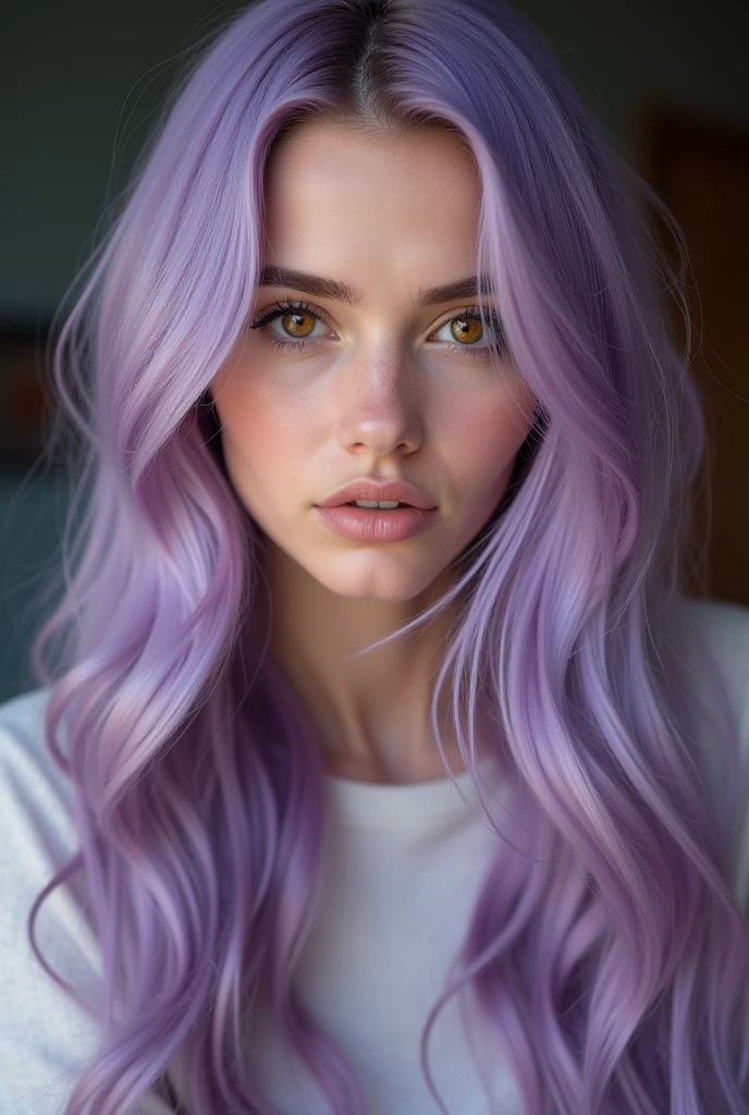 23 year old model woman, long light purple hair, amber eyes, photo realist