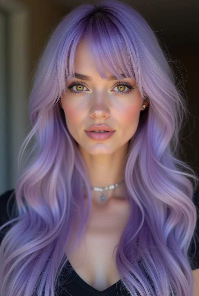 23 year old model woman, long light purple hair, amber eyes, photo realist