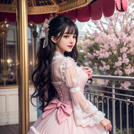 daytime,Side shot,In front of the Ferris wheel at the amusement park, There are many carousels,best quality, Delicate face,beautiful visual work, lifelike, eternity, black hair, Long curly hair, blunt bangs, Smile, Detailed Background, Delicate face,pink blush,cold,((masterpiece))、(top quality)、8k、high detail、Super detailed,31 years old female,Wearing lolita dress、Seductive and whimsical style、masterpiece、born、Scenes resembling fairy tale illustrations、Intricate details and complex designs、Beautifully、magic、capricious、 Beautifully、Dream aesthetics、「𝓡𝓸𝓶𝓪𝓷𝓽𝓲𝓬、ethereal、charming、fickle、magic」、Realism、Visual effects、FXAA、SSAO、Shaders、voiceless、ambient lighting、Tone mapping、High resolution、Ultra high quality、Million pixels、(8K resolution:1.10)、8k、Below 8K、8K resolution、high detail、intricate details, (high quality:1.2、masterpiece:1.2、:1.21)、(31 years old female:1.21)、(Smile excitedly)、(Surrounded by the dreamy atmosphere、Model diagram,full-body shot,Normal 2 feet,Don't show your fingers,pink dress, lots of lace,layered dress, Long sleeve,Puff sleeves,Transparent sleeves,Bow at the back of the waist, Skirt length to calf, cupcake dress, Layered skirt with lace on each layer, Wear a LOLITA dress, layered dress, Pink lolita skirt, lots of lace, Long sleeve, Wide sleeves, Big skirt, layered lace skirt, Puff sleeves, Wide sleeves, Transparent sleeves子, intricate details showcase the ruffles and intricate designs of the Lolita dress, Wearing a lolita dress, Bow at the back of the waist, Skirt length to calf, cupcake dress, Layered skirt with lace on each layer, Wear a LOLITA dress, layered dress, Pink lolita skirt, lots of lace, Long sleeve, Wide sleeves, Big skirt, layered lace skirt, Puff sleeves, Wide sleeves, Transparent sleeves子, intricate details showcase the ruffles and intricate designs of the Lolita dress, Wearing a lolita dress,
