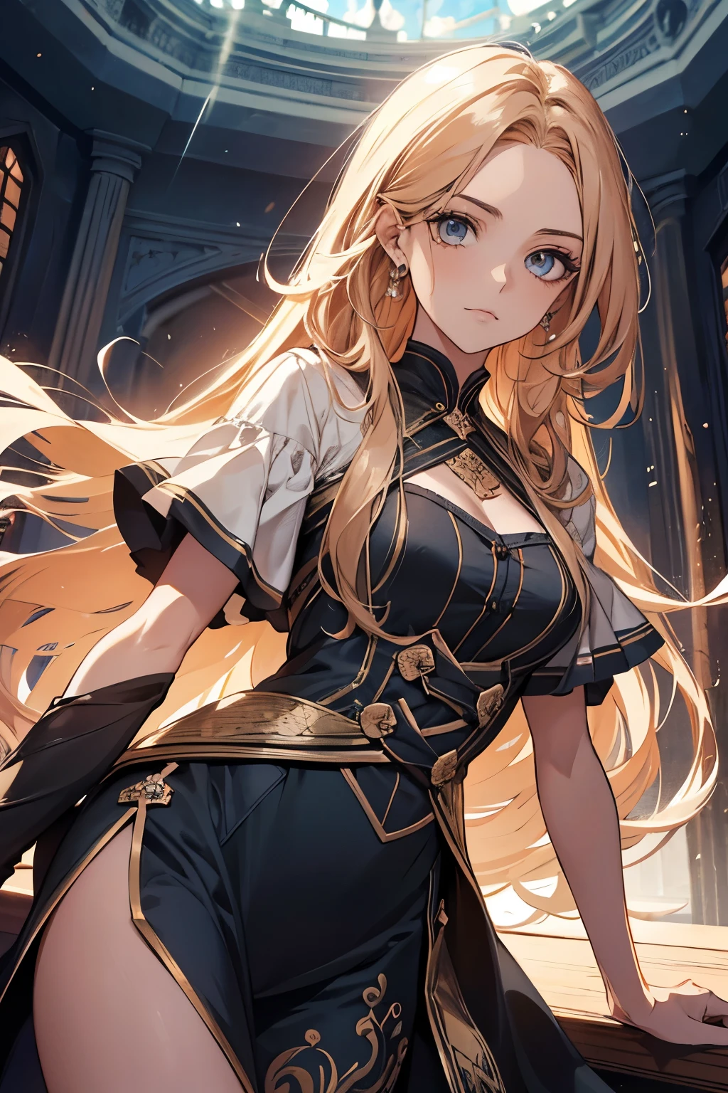 crie uma imagem cativante da Sierra, uma mulher renascentista moderna. Visualize-a com marrom profundo, olhos expressivos, escarlate, flowing hair that cascades gracefully, incorporando as qualidades de uma chama, librarian, Magia, soldador, kinetic spirit, forrageira, and artisan. Highlight your strong cheekbones and perfect slimness, queixo afiado. Ela tem 5'3" em altura, and your presence is marked by a quiet grace, revealing incredible intelligence when she chooses to speak. Visualize-a imersa no encanto dos livros, surrounded by a dynamic scene that captures your hands-on activities, seamlessly blending culinary arts and homesteading. Certifique-se de que a imagem irradie calor, creativity and a harmonious connection with nature