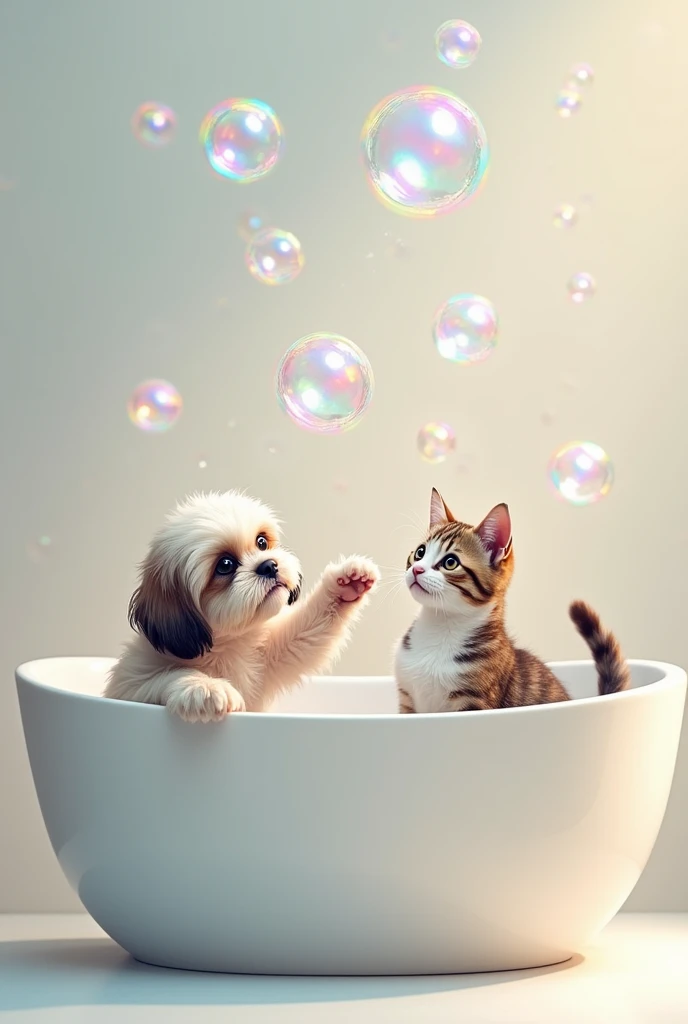 shitzu and cat playing with soap bubbles inside a minimalist bathtub