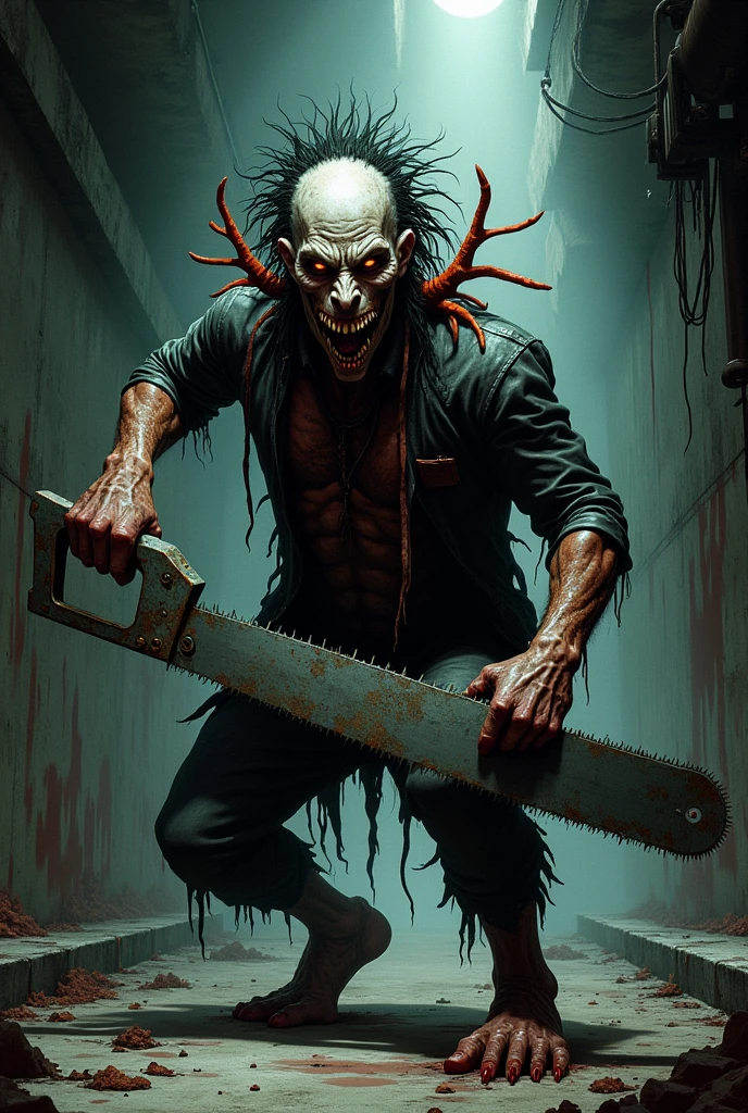 Zombie Raises Chainsaw**
- Scene: Clear moonlit sky visible through treetops.
- Character: The zombie raises its chainsaw high, preparing to strike. Its expression is one of mindless hunger and brutality.
- Action: The chainsaw glows faintly in the moonlight as the zombie prepares to attack.