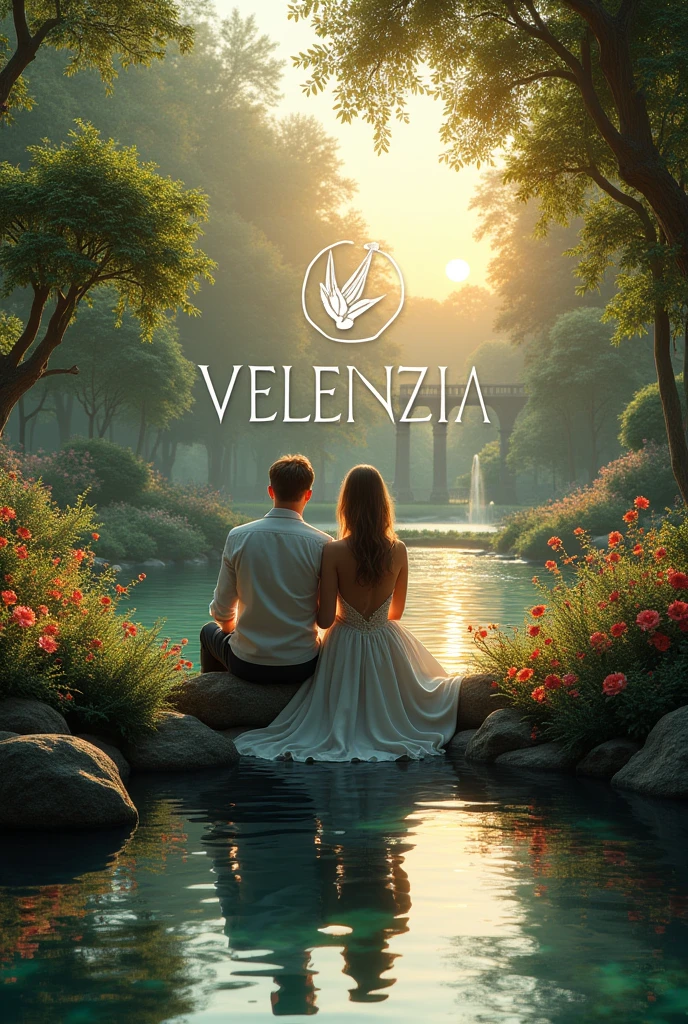 Make a image of greenary view with a couple seating on a pond side and enjoying evening that looks luxurious and satisfaction and energetic and on the top it's written VELENZIA with white colour 