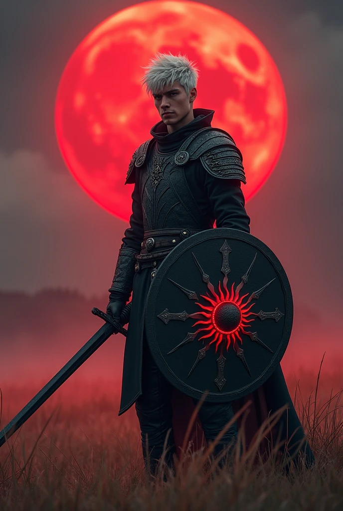 (photorealism:1.2), Tall young man, with no beard, with white and spiky hair, with silver iris of the eyes, in a field with a reddish full moon, wearing a black medieval Brunea with a black sun on the chest, with a large circular shield adorned with a black sun and emanating a magical aura, using a long sword, fighting