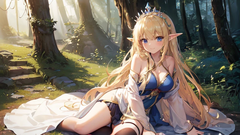 best quality、Highest image quality、Super beautiful elf beauty((22-year-old OL with big bust、Bust 90,Beautiful long permed hair、Blonde、Slender、beautiful tiara、high quality、Elf ears、Happy smile、myth、Sexy的、extremely good、Mysterious Forest、in the woods、super high quality, Super detailed, Ultra-clear, forest, one person, long blonde hair, sleep, Swimsuit, dress, dress, Bathrobe, mini skirt, Stockings, Sexy,