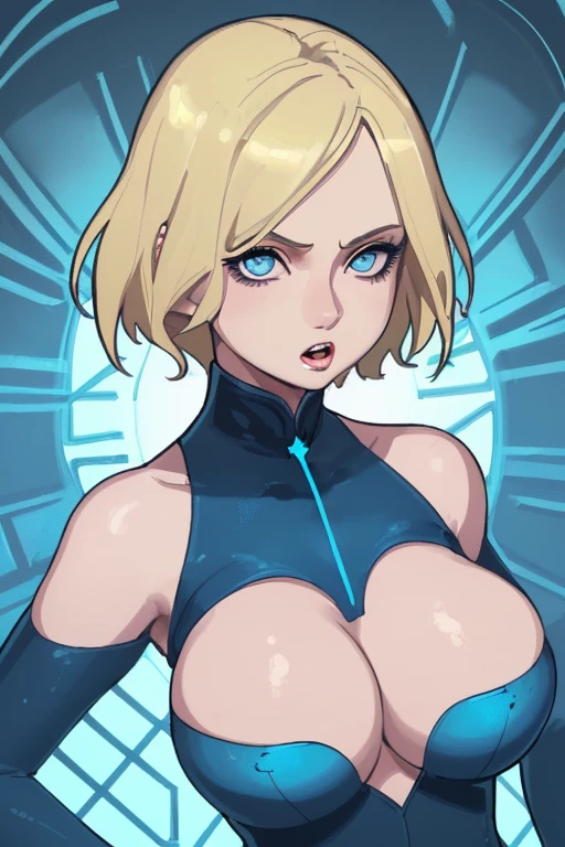 1 girl, short blonde hair, olhos intensos, expressive gaze,half open mouth,rosy lips, big breasts 20 centimeters wide and 30 centimeters thick, slim, neon blue suit.