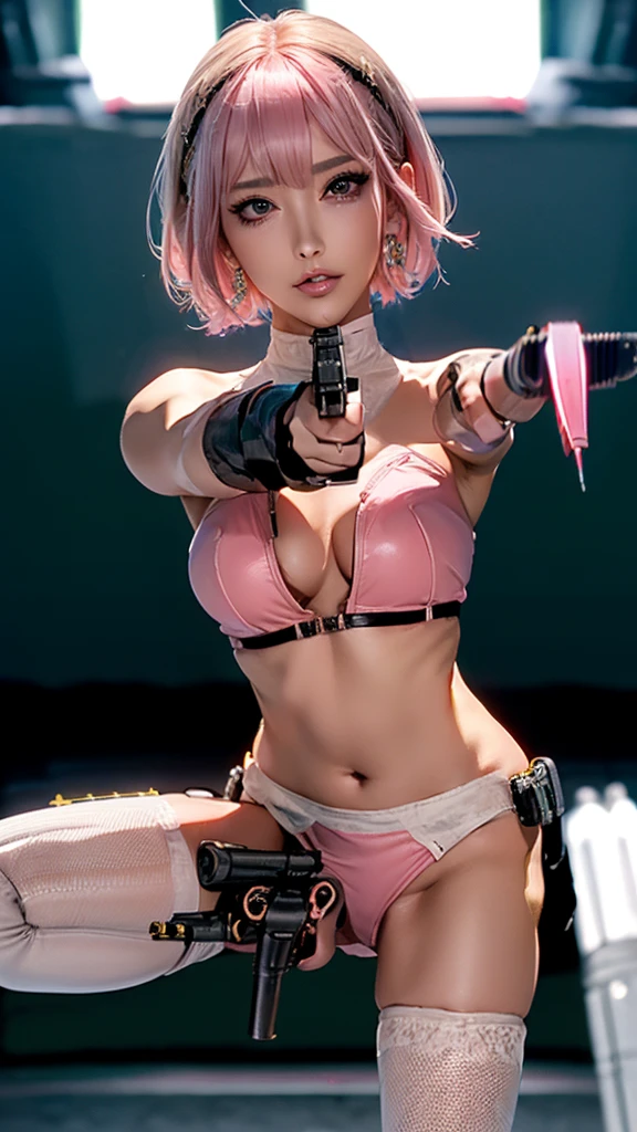 (Highest quality), Realistic, (live-action),(Short Hair,Sharp bangs)Highest quality,Highest quality,8k images,Pink Hair,High heels,Small face,((Big Breasts))Leg spread、1 gun,(((Point the tip of your gun towards the camera:1.6))),Highest quality32K