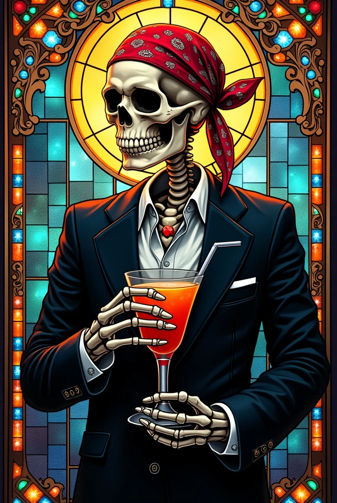 Stunning Stained Glass composition of Skeleton man with black blazer, bandana on his head drinks cocktail from glass with straw, colorful, gold accents, gems.
