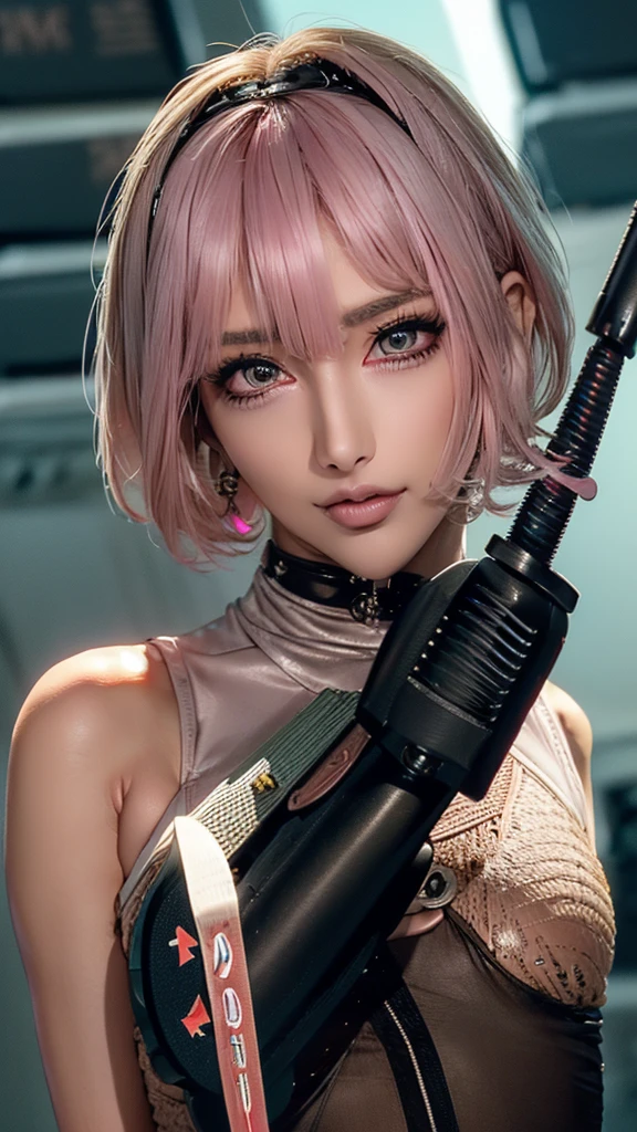 (Highest quality), Realistic, (live-action),(Short Hair,Sharp bangs)Highest quality,Highest quality,8k images,Pink Hair,High heels,Small face,((Big Breasts))Leg spread、1 gun,(((Point the tip of your gun towards the camera:1.6))),Highest quality32K