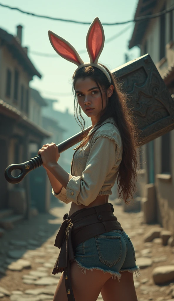 photo of a young woman with bunny ears headband carrying a massive giant warhammer, looking over her shoulder, pointing the warhammer towards viewer, with the background of a town, cinematic photography