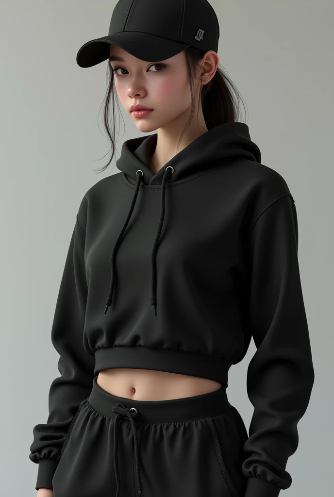 A girl in black full body black joguer shirt and black cap