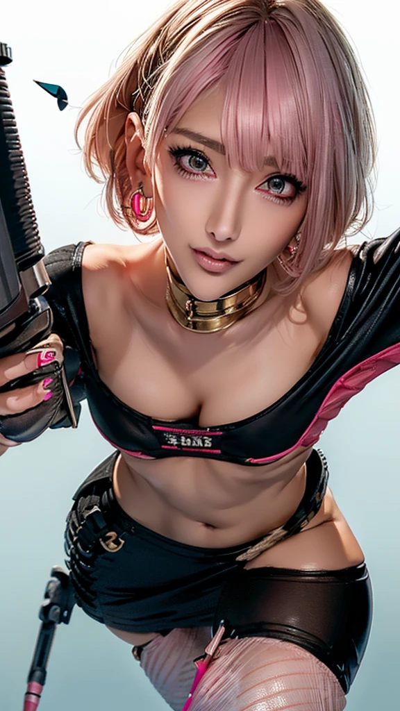(Highest quality), Realistic, (live-action),(Short Hair,Sharp bangs)Highest quality,Highest quality,8k images,Pink Hair,High heels,Small face,((Big Breasts))Leg spread、1 gun,(((Point the tip of your gun towards the camera:1.6))),Highest quality32K(In combat)