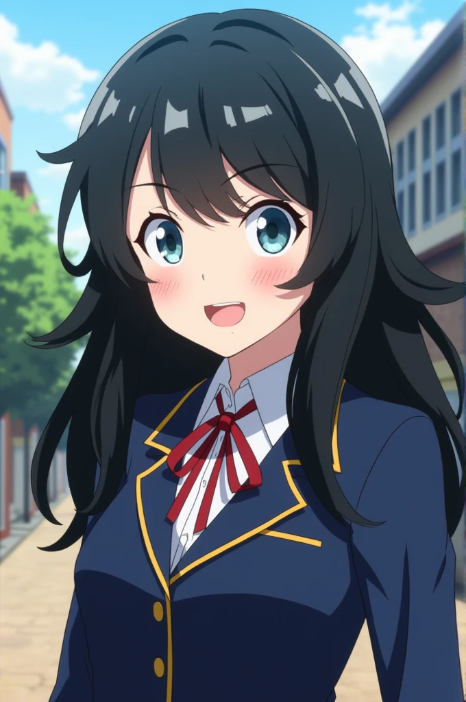 Screenshot,from My hero academia,White girl with long wavy black hair ,light blue eyes,He is wearing the UA uniform ,with a warm friendly smile,