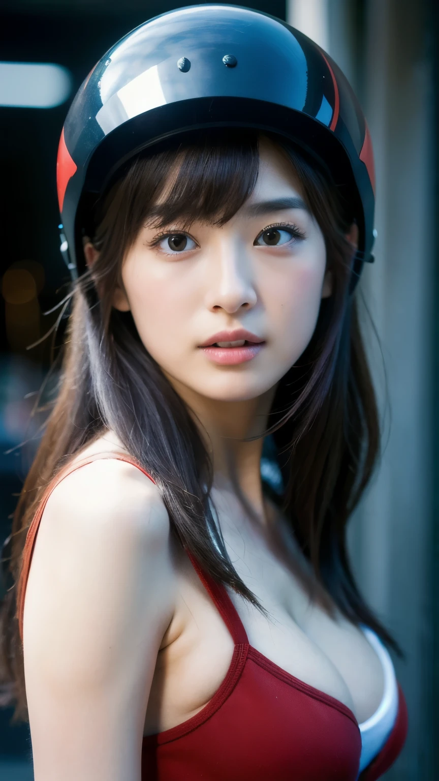 You are a professional photographer。masterpiece、8K、Highest quality, Soft Light, Ultra-high resolution, (Realistic:1.4), RAW Photos,24 years old Japanese, alone, cute, bangs、(pupil, Light in your eyes), Beautiful face in every detail, (Small box),(High resolution detail of human skin texture),Cleavage
、garage、Motorcycle repair shop、Biker、Wear a rider's jacket、Accurate background、(Get on a bike)、Hold a motorcycle helmet at your side
、(Portraiture)