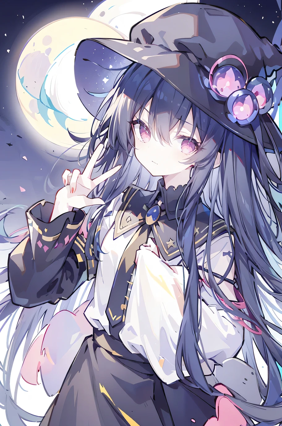 oung Girls,Humanity,A magician always smiles,big witch hat,cute,dark blue long hair,The eyes are dull,The bangs are heavy,Thin eyebrows,fantasy,intake,Double teeth,Star Theme,Constellation pattern,Solid color clothetal decoration,cloak,A bit of a dark atmosphere,A little crazy smile,When the big moon shines outside at night,blood,Hair black star embellishment,Short tie,No nails,High waist skirt,Bell sleeves,Long-sleeved shirt,Black tie,low risk,gentlemen。Mist、Yellow and white effect，Shocking pink as an accent color