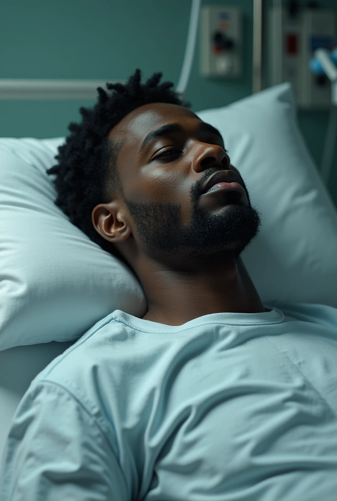 A cute very sad african man listening to music in his hospital bed with music shaped resuscitators