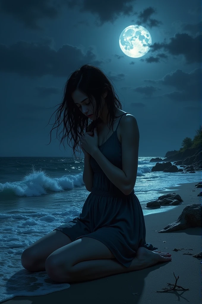 Woman on her knees crying at the seashore at night