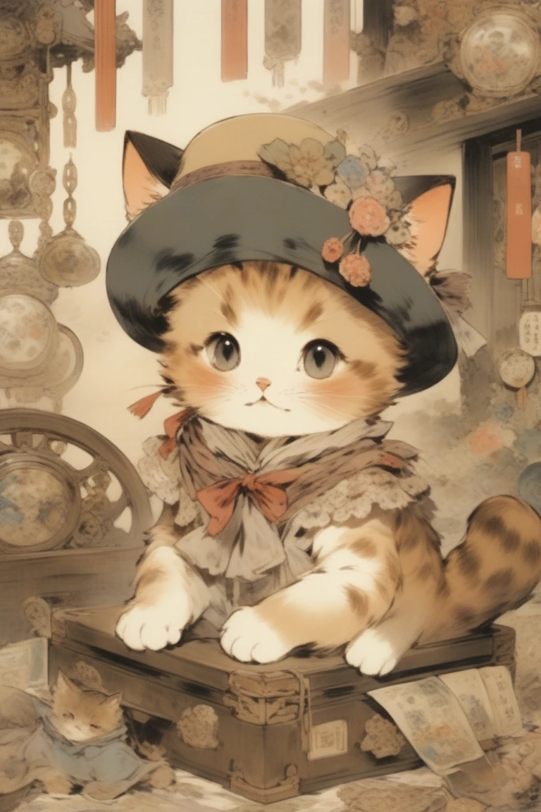 A cute cat with round eyes、Wear a hat、Antique interior、anime