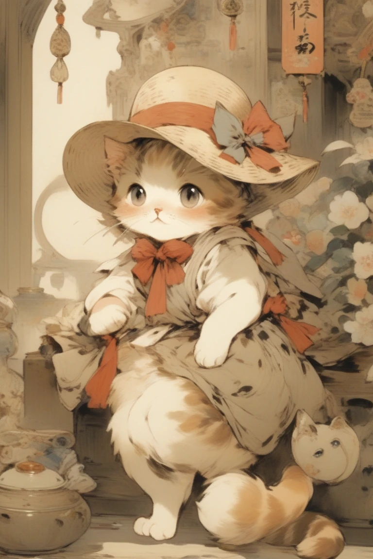 A cute cat with round eyes、Wear a hat、Antique interior、anime