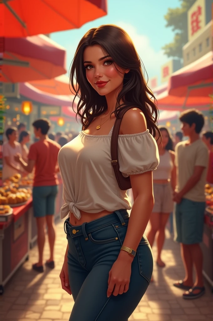 Make me a full body brunette woman with brown eyes and straight hair who is fat and is at a food fest commando