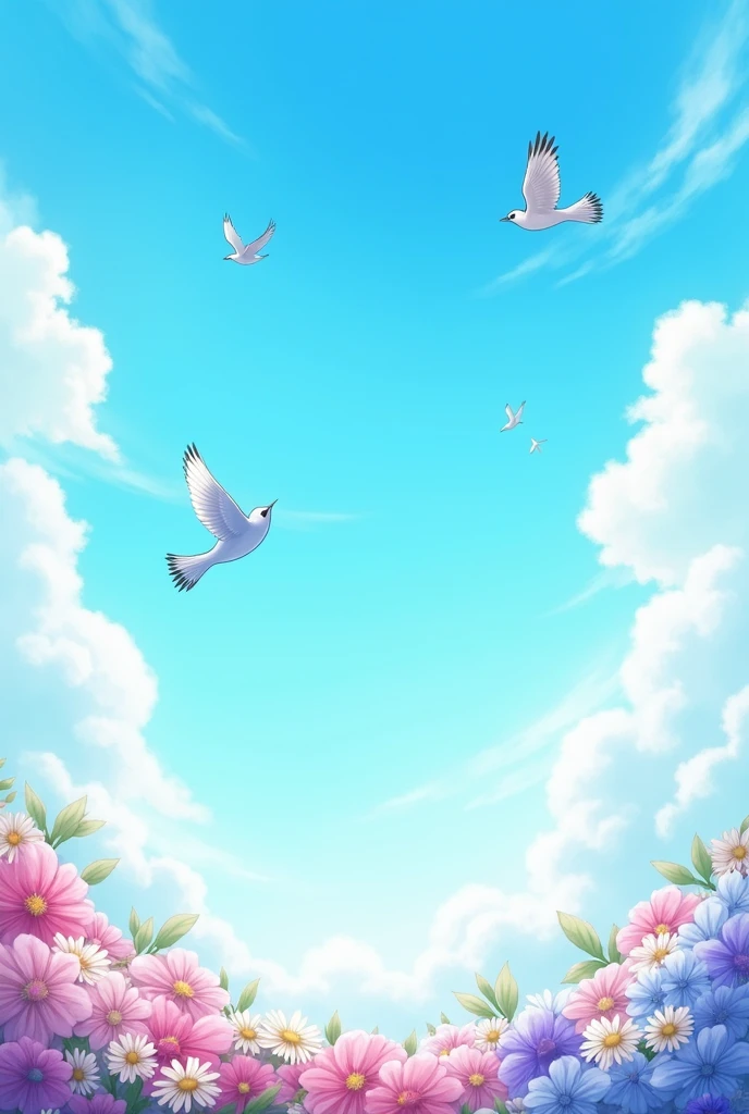 A summer sky with birds and few flowers at the bottom