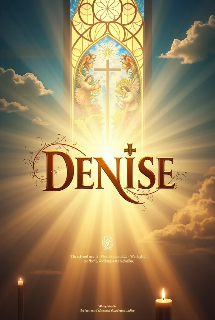 ---
**Image Description:**
the name "DENISE" is written in elegant, smooth letters, in a golden tone that shines slightly. Each letter is adorned with small details that refer to spirituality., SOM cruzes discretas e pequenos raios de luz.
Behind the name, a background of a soft sky with shades of blue and gold is illuminated by a halo of light. In the upper left corner, there is a subtle image of a church stained glass window, with vibrant colors and religious symbols, SOM pombas e lírios.
In the bottom right corner, a small image of a lit candle, with a soft and bright flame, symbolizes devotion and prayer. Abaixo do nome, there is a biblical quote in small print, SOM "Faith moves mountains" ou "The Lord is my light and my salvation".
---