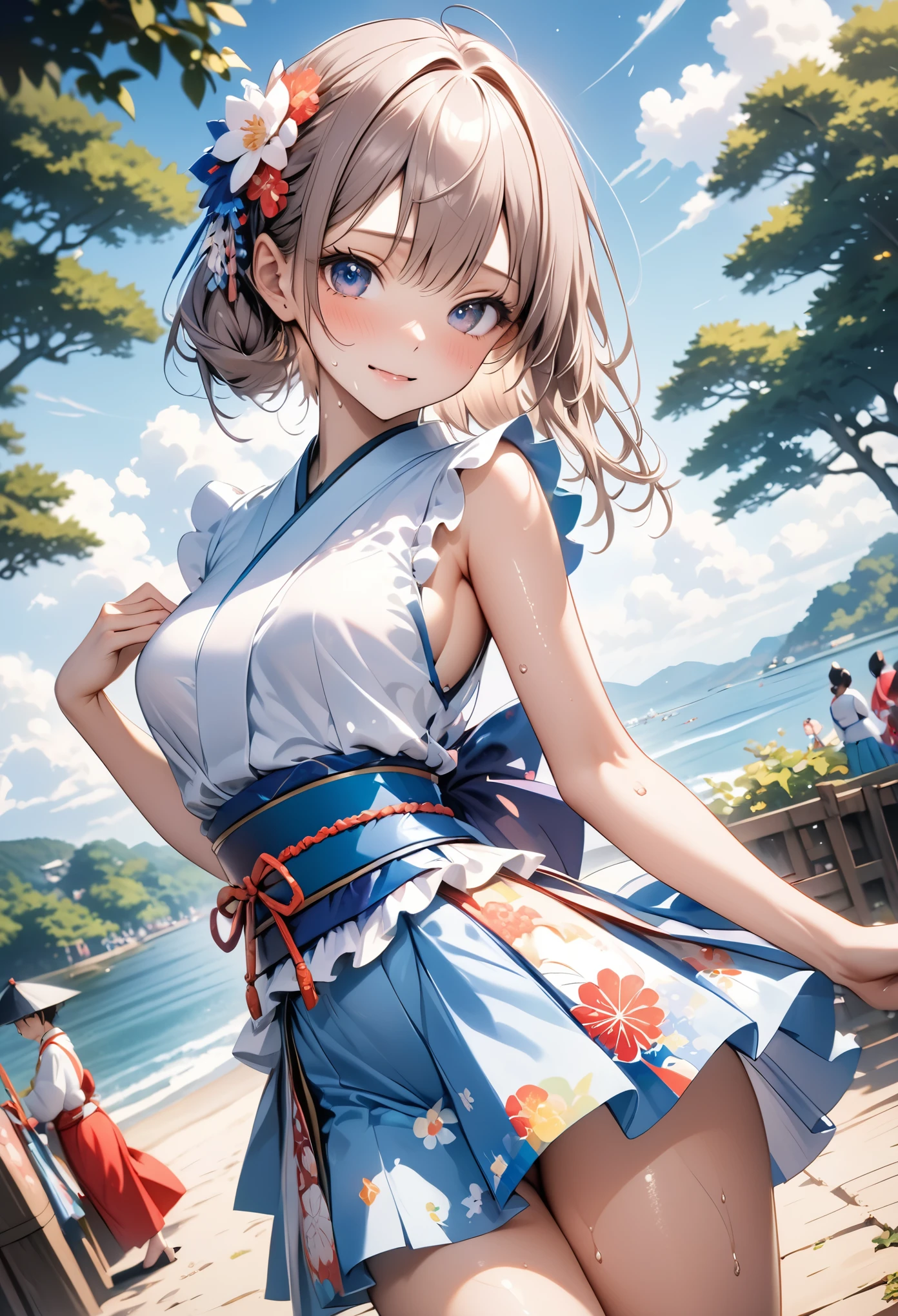 (((Japanese Landscape))), (((Scenery of Japanese summer festivals))), ((Japanese festival costumes)), (skirt), ((Shiny Costumes)), skindentation, skinny, solo, 1 woman, Masterpiece, highest quality, highest quality, 16K, incredibly absurd, highly detailed, 2.5D, ai-generated, delicate and dynamic, very delicate facial expressions, delicate eye depiction, erotic, only sexy woman, ((A cute and kind face)), healthy figure, ((25-year-old woman)), 160cm tall, medium firm swaying bust,　Sweat,Embarrassed,sexy, ((thin thighs)), (camel toe:0.7), , (Erect nipples,:0.7), shiny and lustrous, facing straight at viewer, (((in heat))), ((Oily_skin)), ((Lots of sweat)), ((dutch angle)), ((erotic pose)), (((Very dynamic pose))), The countryside by the sea in Japan, the sea in midsummer, summer vacation,