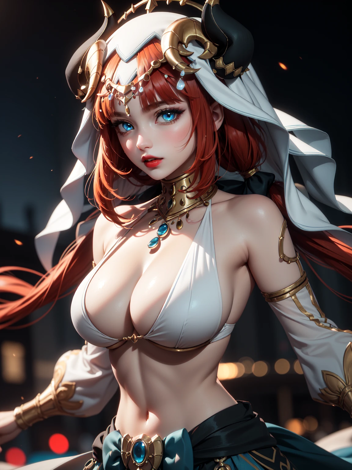 ((4k)),((masterpiece)),(best quality),((ultra detailed)), ((beautiful blurry night background)), ((cinematic lighting)), depth of field, (dynamic angle),((beautiful detailed eyes), ((dynamic pose)), pretty face, red lip, large boobs, ((cleavage)), ((niloudef)), sexy,