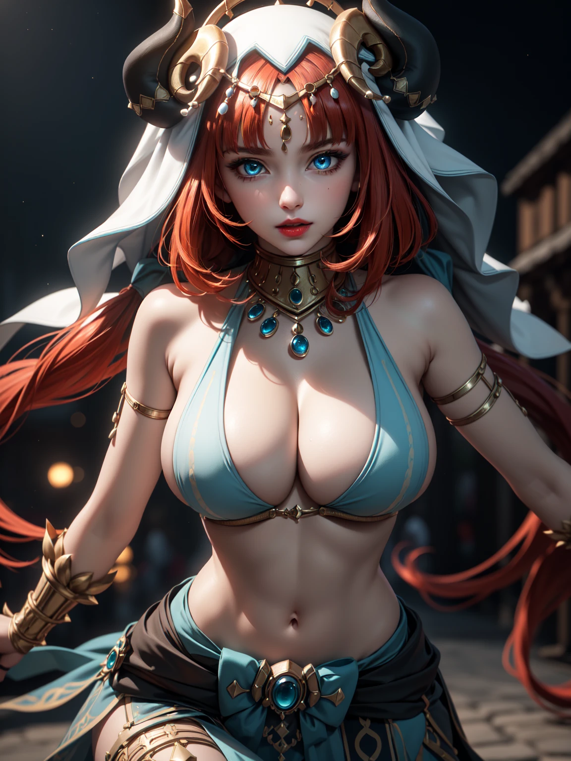 ((4k)),((masterpiece)),(best quality),((ultra detailed)), ((beautiful blurry night background)), ((cinematic lighting)), depth of field, (dynamic angle),((beautiful detailed eyes), ((dynamic pose)), pretty face, red lip, large boobs, ((cleavage)), ((niloudef)), sexy,