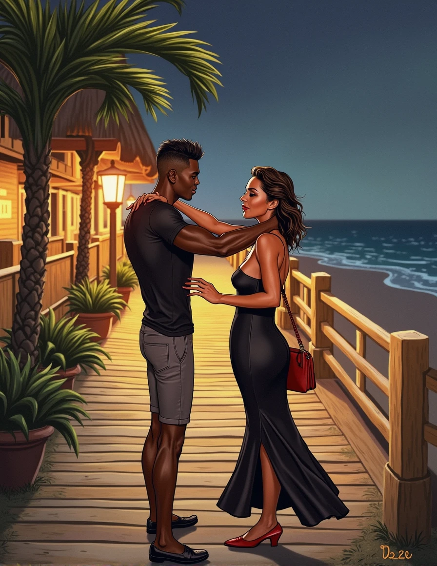 generates an action scene where a couple of lovers (a handsome afroamerican man with short haircute and a beauty Latin woman with dark chocolate skin and a nice body with curves, round breasts and firm, wide and generous hips, a black dress with a low neckline) meet in a boardwalk facing the sea, warm colors, be creative and achieve a book cover image.
